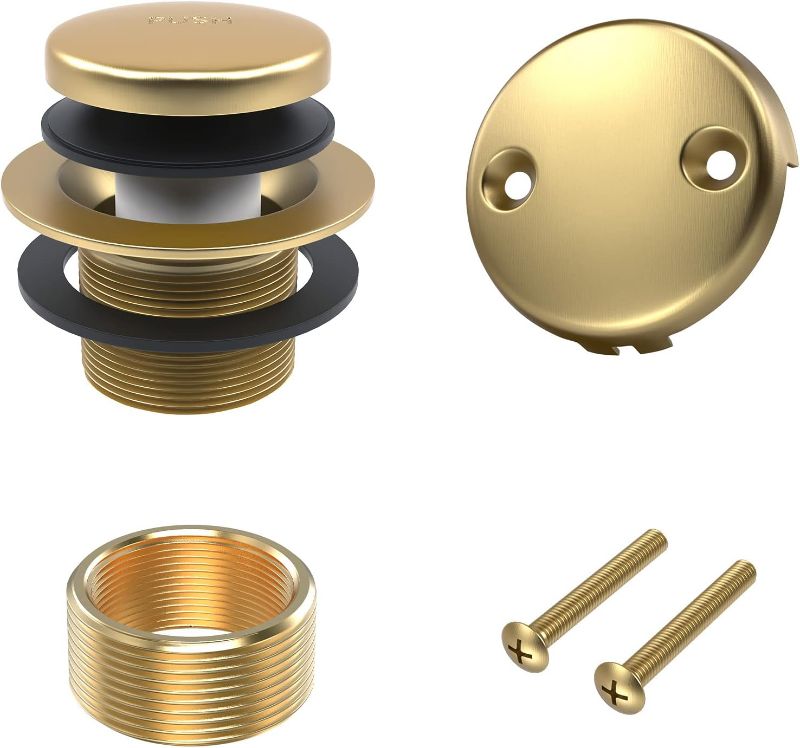 Photo 1 of All Metal Tip-Toe Bathtub Drain Kit with Two-Hole Overflow Faceplate and Universal Fine/Coarse Thread Assembly, Bath Tub Drain Kit fits All Bathtub -Brushed Gold
