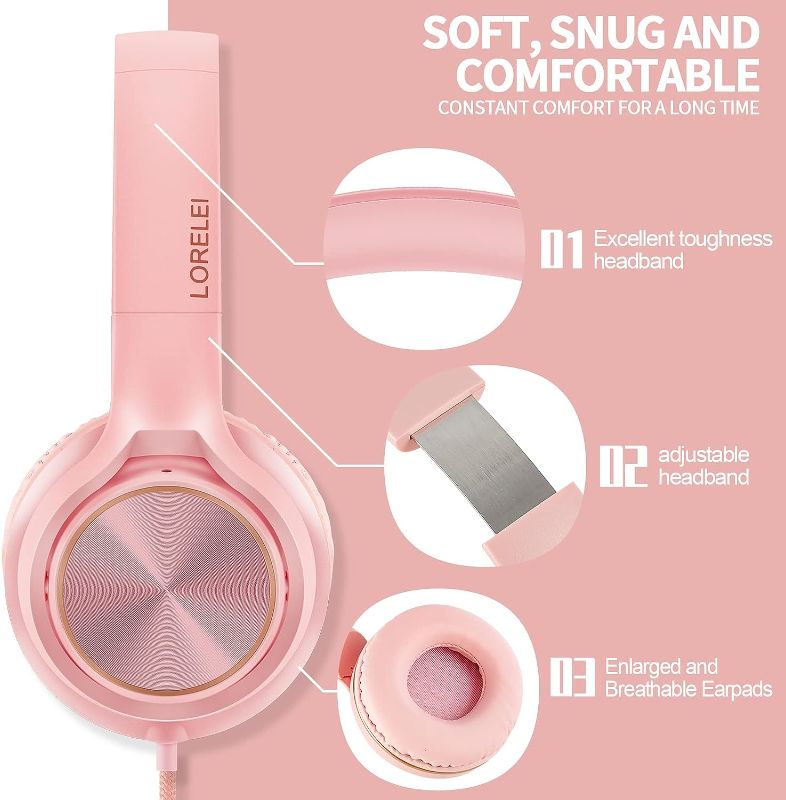 Photo 4 of LORELEI S9 Wired Headphones with Microphone for School?On-Ear Kids Headphones for Girls Boys?Folding Lightweight and 3.5mm Audio Jack Headset for Phone, Ipad?Tablet, PC, Chromebook (Pearl Pink)
