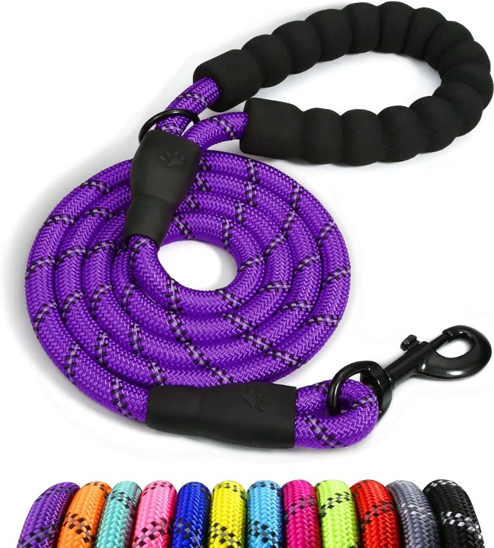Photo 1 of Taglory Rope Dog Leash 5 FT with Comfortable Padded Handle, Highly Reflective Threads Dog Leash for Large Dogs, 1/2 inch, Purple - with Dog Poop Bags & Case for Bags
