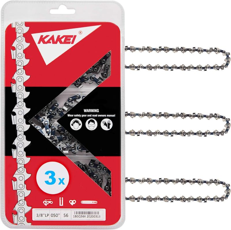 Photo 1 of KAKEI 16 Inch Chainsaw Chain 3/8" LP Pitch, 050" Gauge, 56 Drive Links Fits Craftsman, Poulan, Ryobi, Echo, Greenworks and More, S56 (3 Chains)
