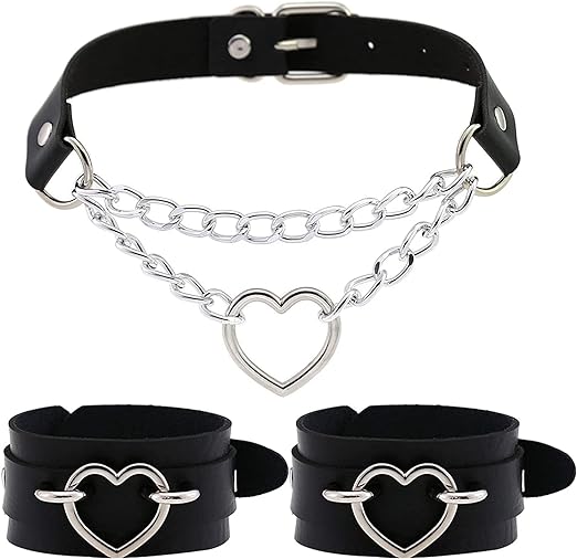 Photo 2 of Ulekuke 3Pcs Punk Leather Chokers and Bracelets Jewelry Set Gothic Choker for Women Teen Girls Costume Goth Accessory Adjustable Collar Choker Cosplayer
