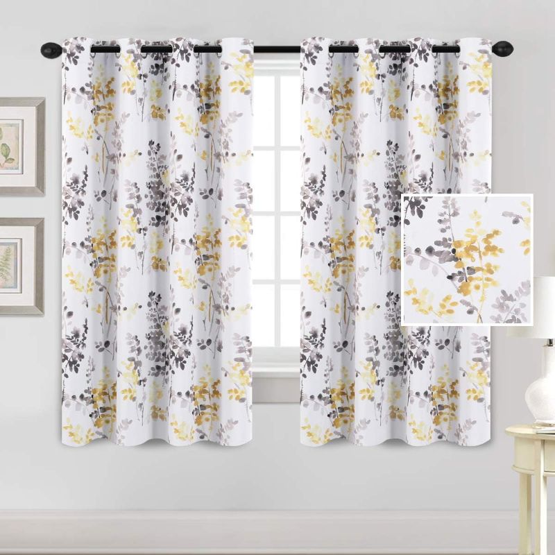 Photo 1 of H.VERSAILTEX Room Darkening Floral Curtains for Bedroom 45 inches Long Thermal Insulated Curtains Grommet Noise Reducing Window Panels for Living Room, Grey and Yellow, 2 Panels
