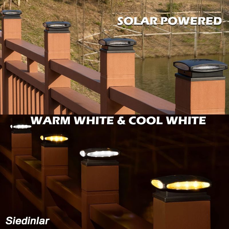 Photo 3 of SIEDiNLAR Solar Post Cap Lights Outdoor, 2 Modes 24 LED Powered Fence Deck Light for 4x4 5x5 6x6 Garden Patio Decoration Warm White & Cool White, White...

