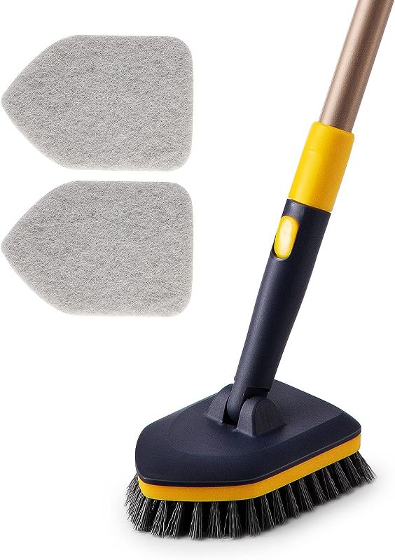 Photo 1 of Yocada Tub Tile Scrubber Brush 2 in 1 Cleaning Brush 58.2" Adjustable Telescopic Pole Stiff Bristles Scouring Pads for Cleaning Bathroom Kitchen Toilet Wall Tub Tile Sink Non-Scratch
