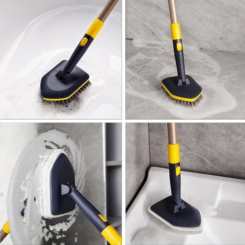Photo 3 of Yocada Tub Tile Scrubber Brush 2 in 1 Cleaning Brush 58.2" Adjustable Telescopic Pole Stiff Bristles Scouring Pads for Cleaning Bathroom Kitchen Toilet Wall Tub Tile Sink Non-Scratch
