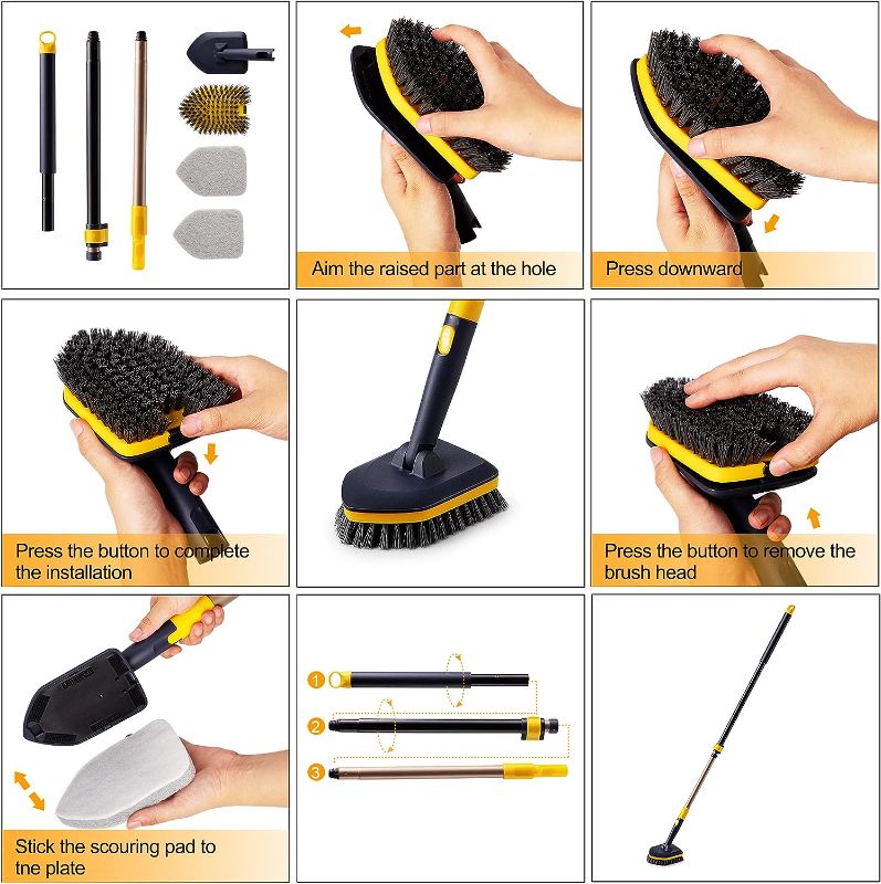 Photo 4 of Yocada Tub Tile Scrubber Brush 2 in 1 Cleaning Brush 58.2" Adjustable Telescopic Pole Stiff Bristles Scouring Pads for Cleaning Bathroom Kitchen Toilet Wall Tub Tile Sink Non-Scratch
