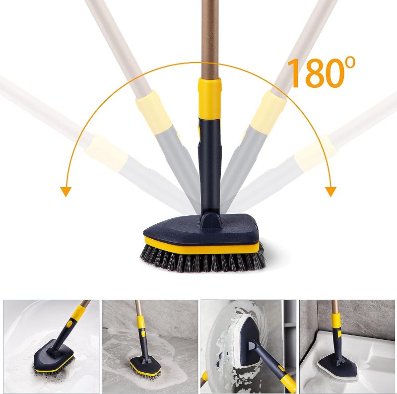 Photo 2 of Yocada Tub Tile Scrubber Brush 2 in 1 Cleaning Brush 58.2" Adjustable Telescopic Pole Stiff Bristles Scouring Pads for Cleaning Bathroom Kitchen Toilet Wall Tub Tile Sink Non-Scratch
