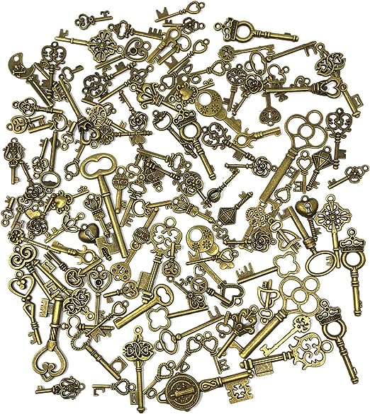 Photo 2 of 125 PCS Vintage Skeleton Key Set Charms, JIALEEY Mixed Antique Style Bronze Brass for Pendant DIY Jewelry Making Wedding Party Favors
