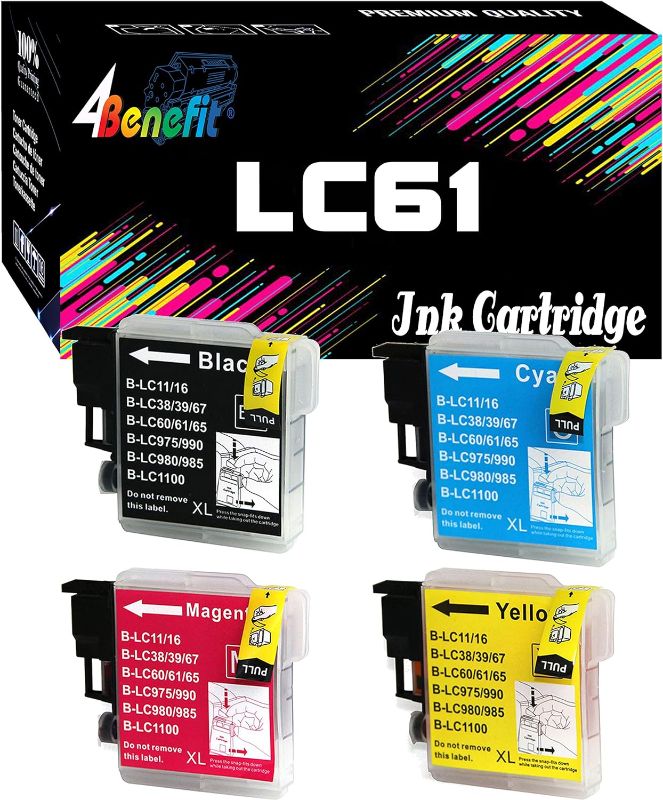 Photo 1 of 4 Pack (1 Black + 1 each color) Non-OEM Ink Cartridge for LC61 Brother (15.5mL Each Cartridge) DCP 165C MFC 250C 255CW 290C 295CN 385CW 490CW 585CW 790CW 5490CW 5890CW 6490CW
