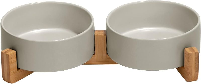 Photo 1 of SPUNKYJUNKY Ceramic Dog and Cat Bowl with Wood Stand Non-Slip Matte Glaze Weighted Food Water Set for Cats &Small Dogs 13.5OZ

