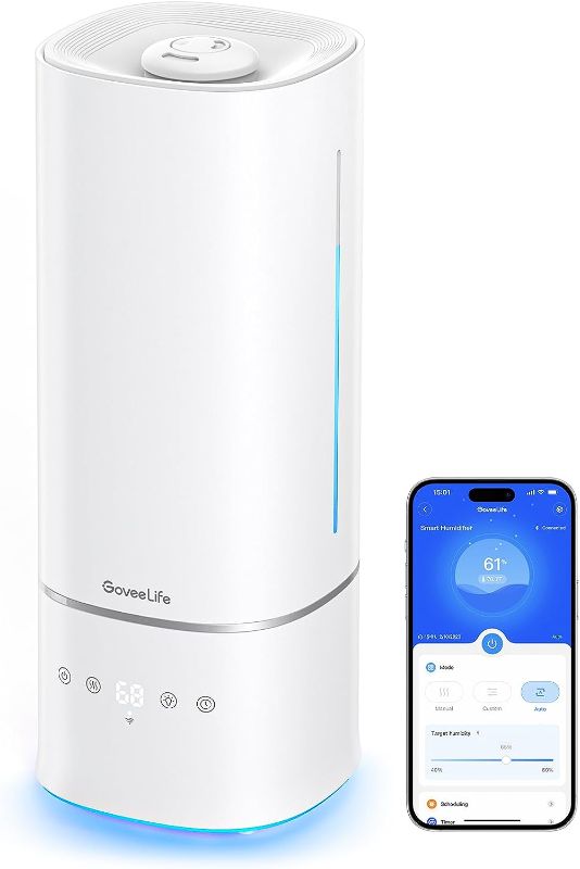 Photo 1 of GoveeLife Smart 6L Humidifiers for Home Large Room, Top Fill Coll Mist Humidifier for Bedroom Last Up to 60H, Dual 360° Rotation Nozzles, Voice Control, WiFi Essential Oil Diffuser for Baby, Plants
