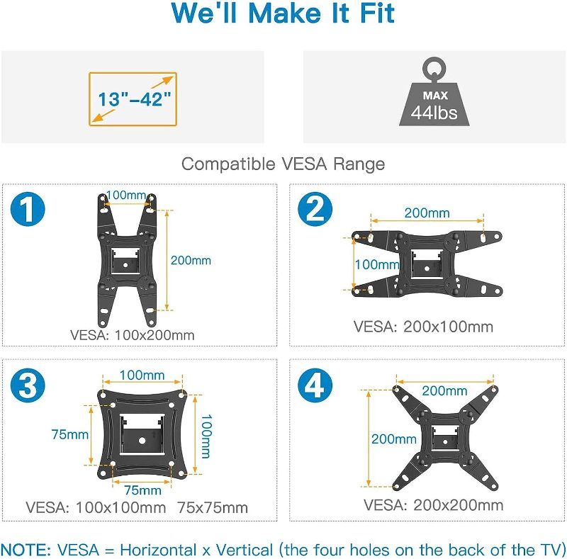 Photo 4 of Full Motion TV Monitor Wall Mount Bracket Articulating Arms Swivels Tilts Extension Rotation for Most 13-42 Inch LED LCD Flat Curved Screen TVs & Monitors, Max up to 44lbs
