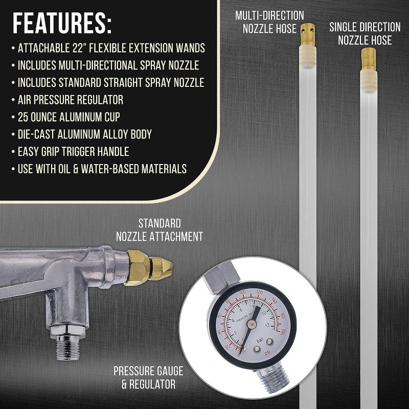 Photo 4 of TCP Global Air Rust Proofing and Undercoating Gun with Gauge & Suction Feed Cup, 2 Wands - 22" Long Flexible Extension Wand with Multi-Directional Nozzle - Spray Truck Bed Liner, Rubberized Undercoat
