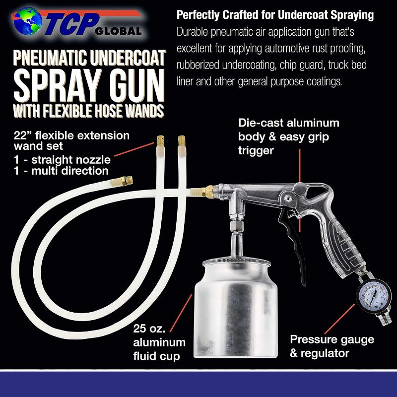 Photo 3 of TCP Global Air Rust Proofing and Undercoating Gun with Gauge & Suction Feed Cup, 2 Wands - 22" Long Flexible Extension Wand with Multi-Directional Nozzle - Spray Truck Bed Liner, Rubberized Undercoat
