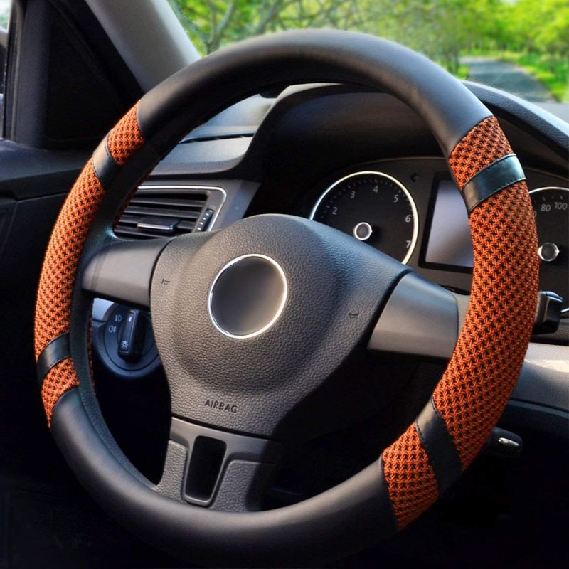 Photo 3 of BOKIN Steering Wheel Cover, Breathable Microfiber Leather, Anti-Slip, Odorless, Warm in Winter and Cool in Summer, Universal 14.5-15 Inches (Orange)
