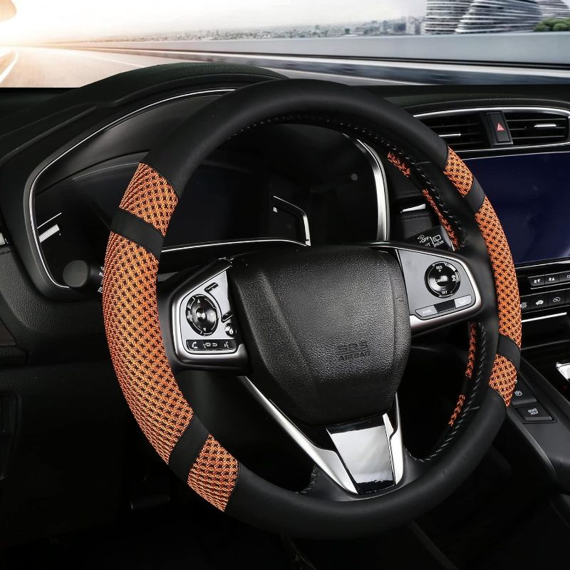 Photo 2 of BOKIN Steering Wheel Cover, Breathable Microfiber Leather, Anti-Slip, Odorless, Warm in Winter and Cool in Summer, Universal 14.5-15 Inches (Orange)
