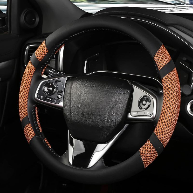 Photo 1 of BOKIN Steering Wheel Cover, Breathable Microfiber Leather, Anti-Slip, Odorless, Warm in Winter and Cool in Summer, Universal 14.5-15 Inches (Orange)
