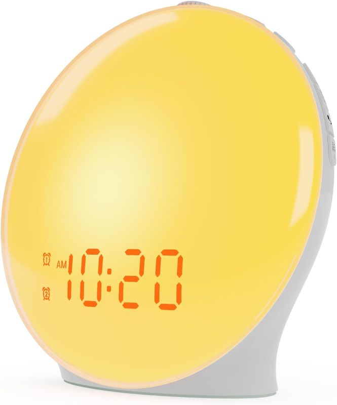 Photo 1 of Jall Wake Up Light Sunrise Alarm Clock with Sunrise Simulation, 7 ColorsWake Up Light Sunrise Alarm Clock for Kids, Heavy Sleepers, Bedroom, with Sunrise Simulation, Fall Asleep, Dual Alarms, FM Radio, Snooze, Nightlight, Colorful Lights, 7 Natural Sounds