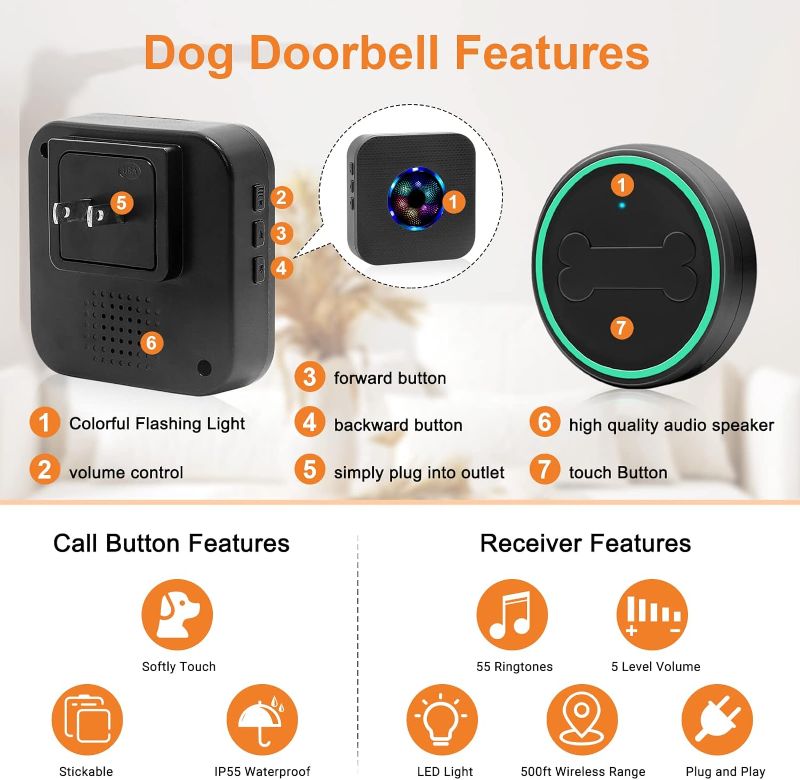 Photo 2 of CallToU Dog Doorbell Wireless Doggie Bell for Potty Training 3 Waterproof Touch Buttons 2 Portable Receivers (3 PACK)
