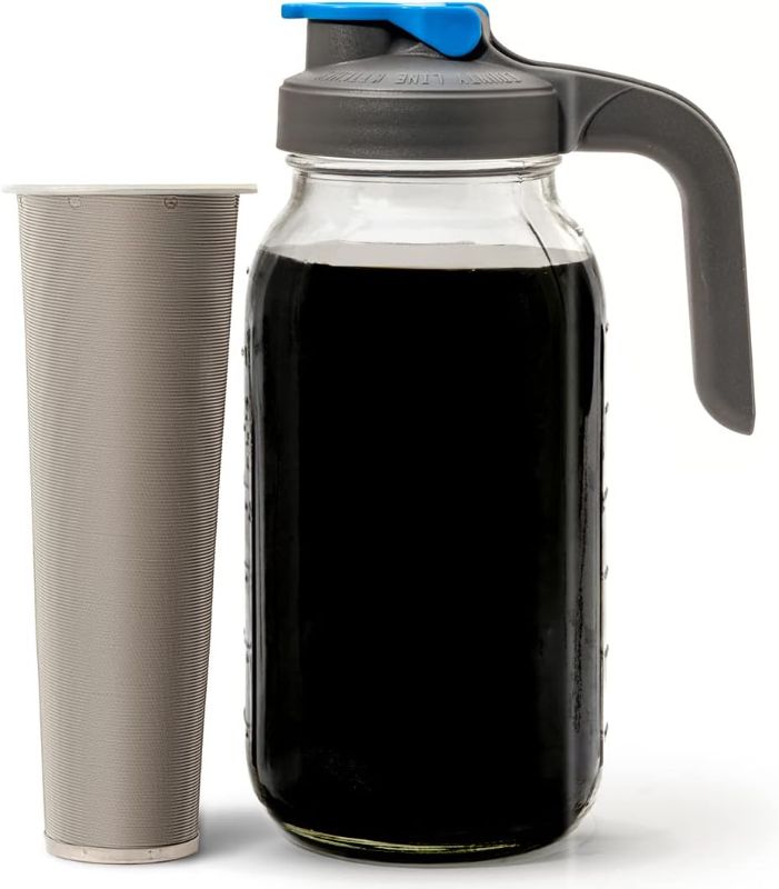 Photo 1 of County Line Kitchen - Cold Brew Mason Jar Iced Coffee Maker, Durable Glass, Heavy Duty Stainless Steel Filter, Flip Cap Lid - 64 oz (2 Quart / 1.9 Liter), With Handle
