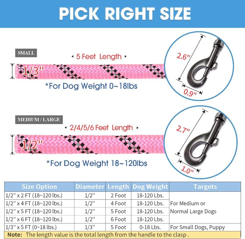 Photo 5 of  2/4/5/6 FT Dog Leash with Comfortable Padded Handle and Highly Reflective Threads for Small  Dogs (5FT-1/2'', Pink)
