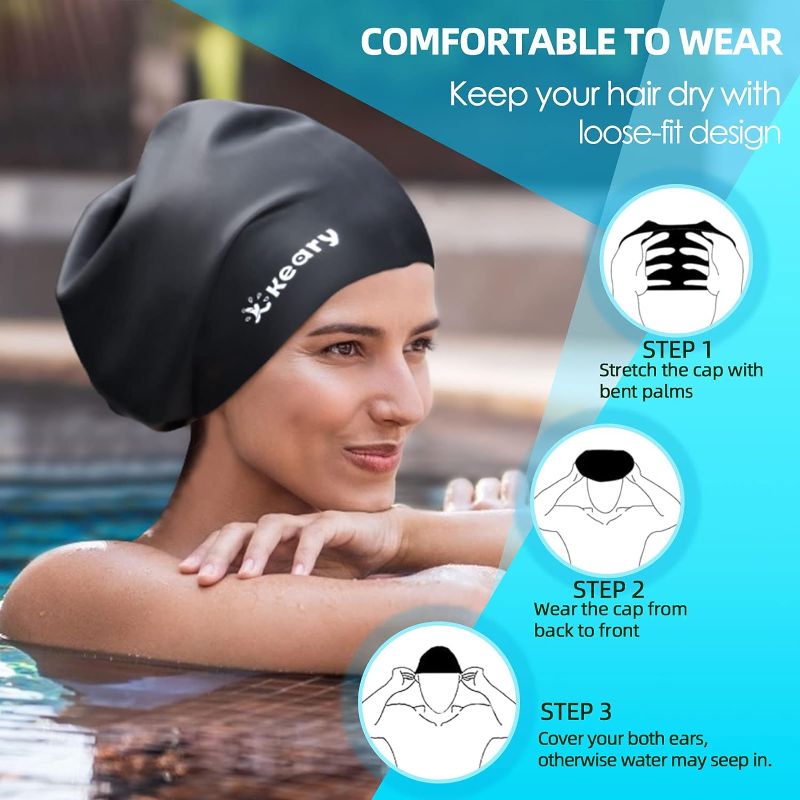 Photo 6 of Keary Extra Large Swim Cap for Braids and Dreadlocks Extensions Weaves Long Hair, Waterproof Silicone Cover Ear Bath Pool Shower Swimming Cap for Adult Youth to Keep Hair Dry, Easy to Put On and Off
