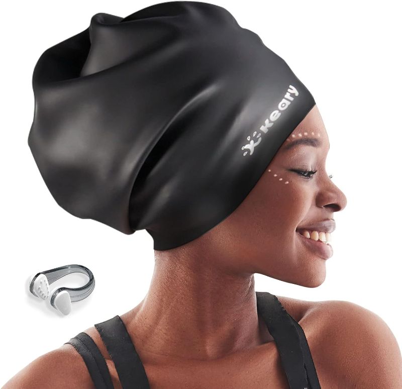 Photo 1 of Keary Extra Large Swim Cap for Braids and Dreadlocks Extensions Weaves Long Hair, Waterproof Silicone Cover Ear Bath Pool Shower Swimming Cap for Adult Youth to Keep Hair Dry, Easy to Put On and Off

