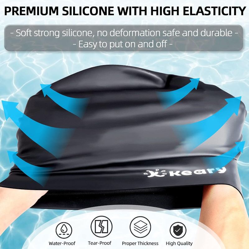 Photo 5 of Keary Extra Large Swim Cap for Braids and Dreadlocks Extensions Weaves Long Hair, Waterproof Silicone Cover Ear Bath Pool Shower Swimming Cap for Adult Youth to Keep Hair Dry, Easy to Put On and Off
