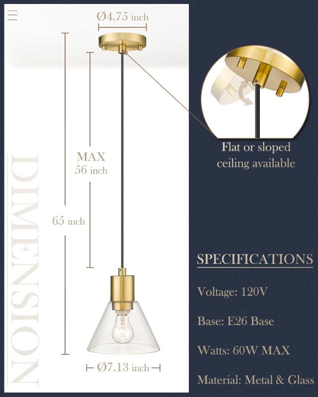 Photo 3 of LMS 1-Light Gold Glass Pendant Light, Modern Kitchen Pendant Hanging Light with Clear Glass Shade in Gold Finish, LMS-103
