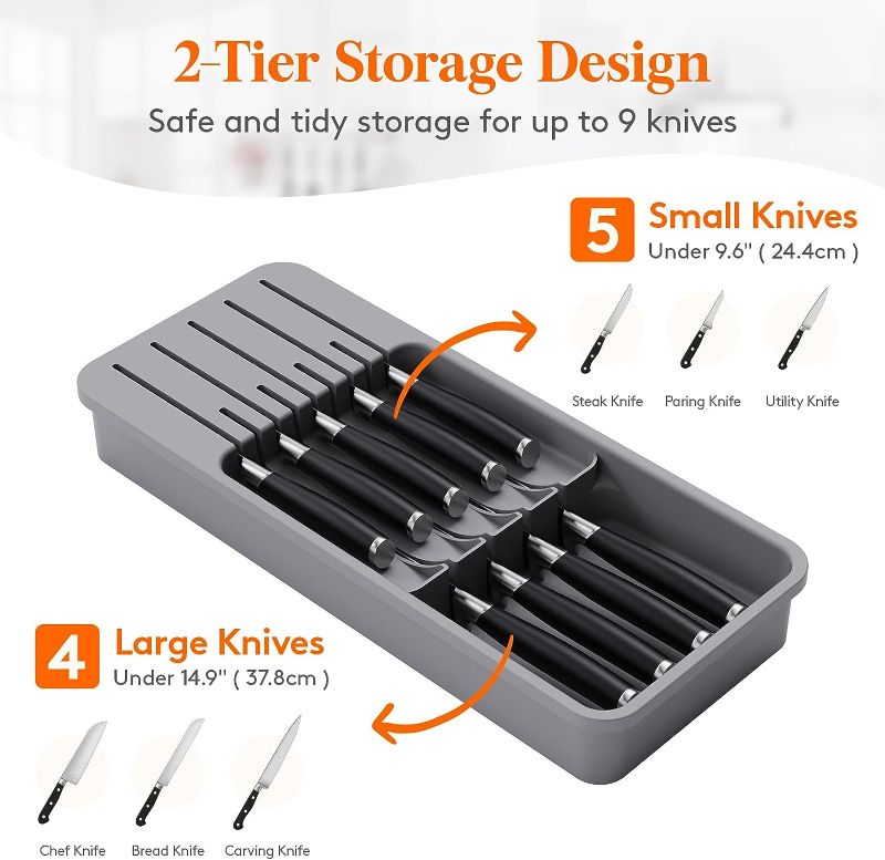 Photo 4 of Lifewit Knife Drawer Organizer, Drawer Knife Block for 9 Knives, 2 Tier Knife Insert Holder Storage for Kitchen Drawer Countertop, Gray
