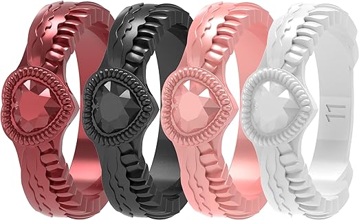 Photo 1 of Zollen Silicone Wedding Rings for Women 4/7 Packs - Stackable Silicone Rubber Wedding Bands - Innovative Heart Shaped Diamond and Wings Collections (BLACK/ GOLD )
