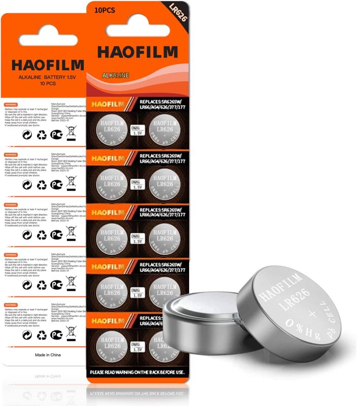 Photo 1 of HAOFILM LR626 SR626SW 377 376 LR626 AG4 Premium Alkaline Battery,1.5V Round Button Coin Cell Batteries (10 Pack)
