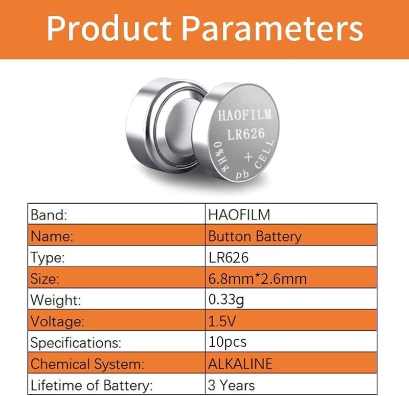 Photo 2 of HAOFILM LR626 SR626SW 377 376 LR626 AG4 Premium Alkaline Battery,1.5V Round Button Coin Cell Batteries (10 Pack)
