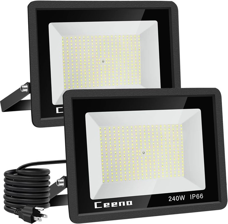 Photo 1 of Ceena 2 Pack 240W Plug in LED Flood Light Outdoor, 24000lm Super Bright Floodlight with Switch and 5.9FT Wire, IP66 Waterproof 6000K LED Work Lights for Basketball Court, Playground, Stadium
