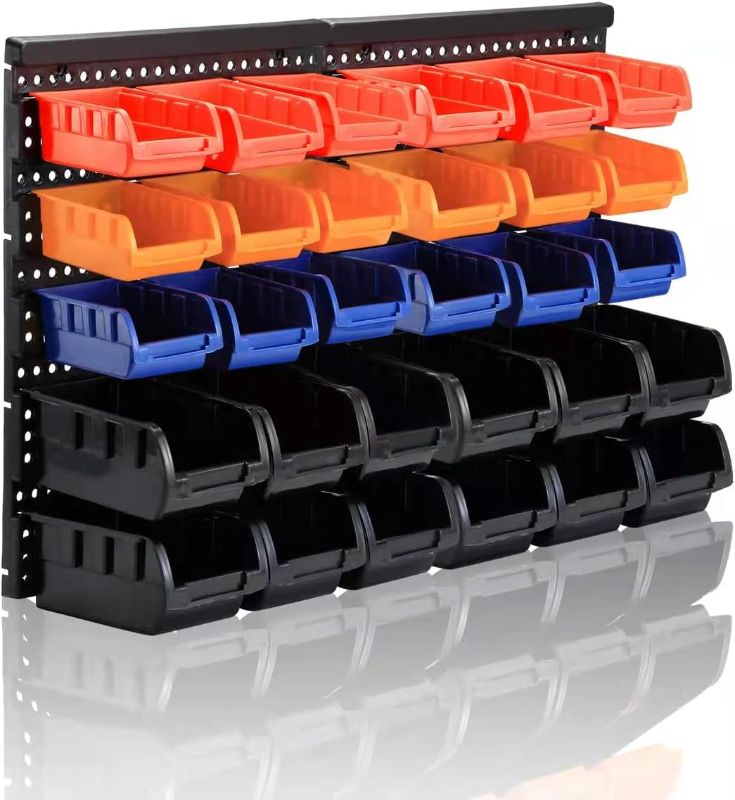 Photo 1 of MULSAME Wall Mounted Storage Bins Parts Rack 4 Colors 30PCS Bin Organizer Garage Plastic Shop Tool, Garage Organizers and Storage
