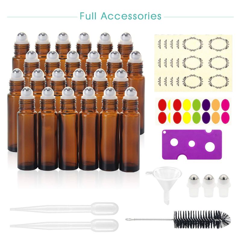 Photo 2 of Mavogel 40, 10ml Roller Bottles for Essential Oils - Amber, Glass with Stainless Steel Roller Balls (3 Extra Roller Balls, 54 Pieces Labels, Opener, Funnel, Dropper, Brush Included)
