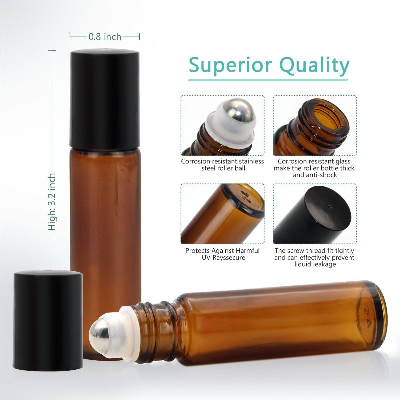 Photo 4 of Mavogel 40, 10ml Roller Bottles for Essential Oils - Amber, Glass with Stainless Steel Roller Balls (3 Extra Roller Balls, 54 Pieces Labels, Opener, Funnel, Dropper, Brush Included)
