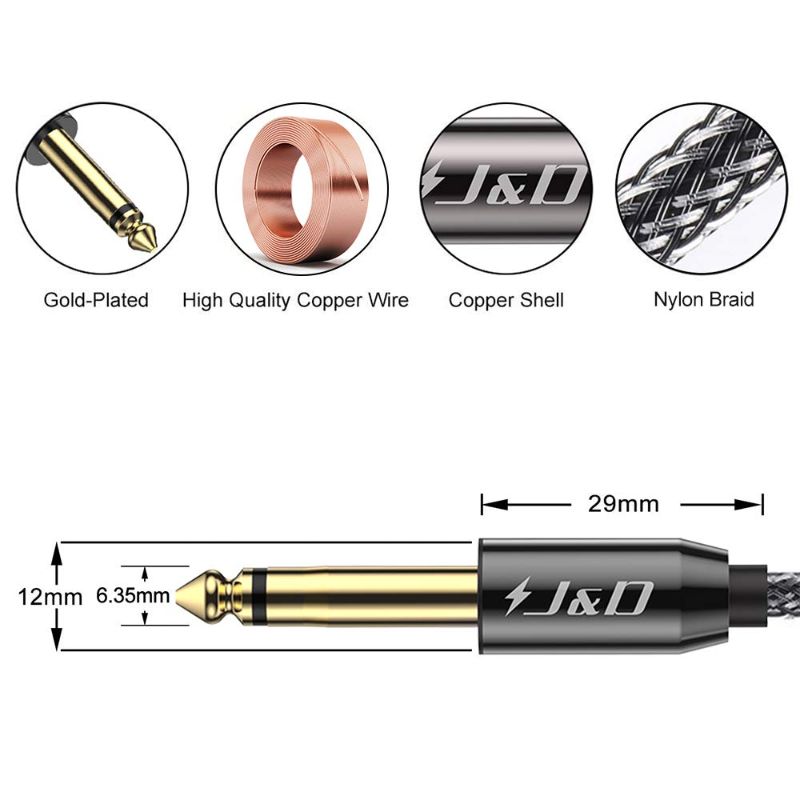 Photo 3 of J&D 6.35mm Guitar Instrument Cable, Gold Plated Copper Shell Heavy Duty 6.35mm 1/4 inch TS Mono Audio Cable with Zinc Alloy Housing and Nylon Braid for Guitar, Multi Effects, Amplifiers, 6 Feet

