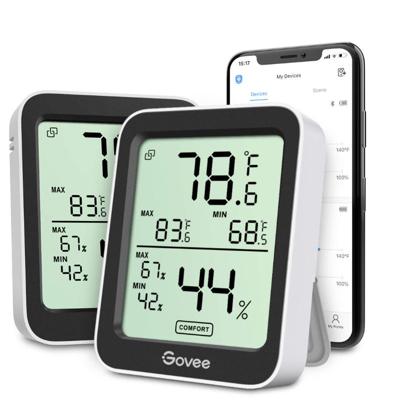 Photo 1 of Govee Indoor Hygrometer Thermometer 2 Pack, Bluetooth Humidity Temperature Gauge with Large LCD Display, Notification Alert with Max Min Records, 2 Years Data Storage Export for Room Greenhouse, Black
