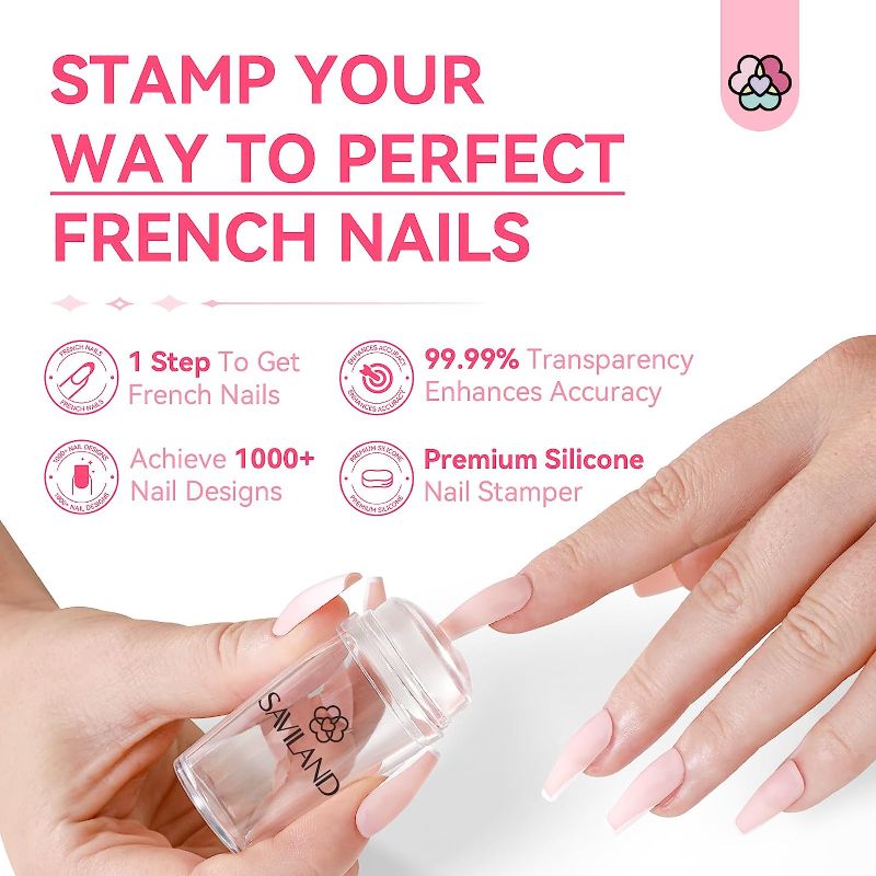 Photo 2 of Saviland French Tip Nail Stamp - 4PCS Nail Art Stamper Kit Clear Silicone Nail Stamping Long & Short Jelly Stamper for Nails with Scrapers Nail Stamper Kit for French Manicure Home DIY Nail Art Salon
