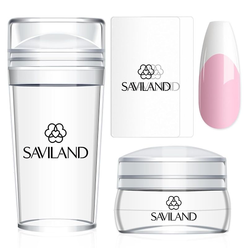 Photo 1 of Saviland French Tip Nail Stamp - 4PCS Nail Art Stamper Kit Clear Silicone Nail Stamping Long & Short Jelly Stamper for Nails with Scrapers Nail Stamper Kit for French Manicure Home DIY Nail Art Salon
