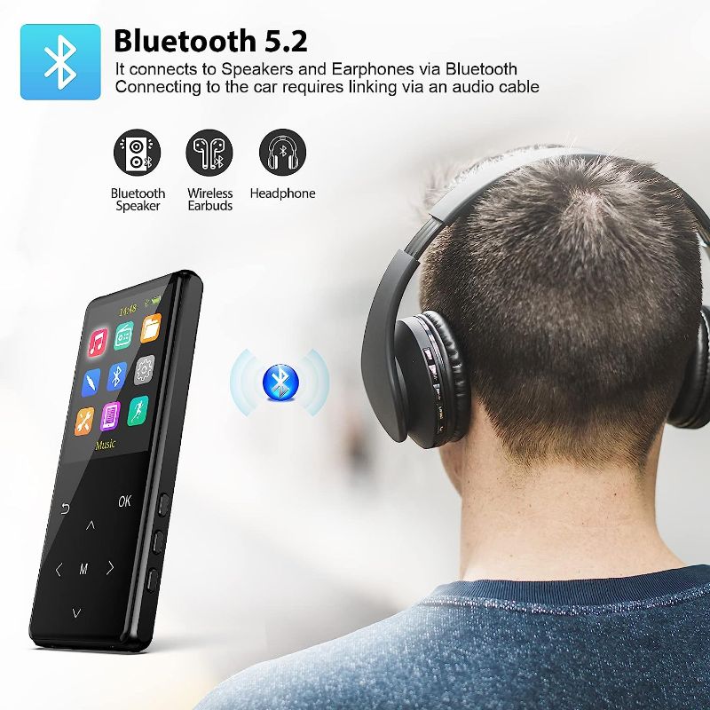 Photo 2 of MP3 Player, 64GB MP3 Players with Bluetooth 5.2 Supports Lossless Music to Restore High-Fidelity Sound Quality, with FM, Support Recording, Includes arm Strap and Player Case, Easy to Carry, Black.
