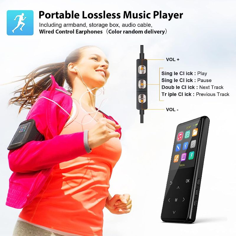 Photo 3 of MP3 Player, 64GB MP3 Players with Bluetooth 5.2 Supports Lossless Music to Restore High-Fidelity Sound Quality, with FM, Support Recording, Includes arm Strap and Player Case, Easy to Carry, Black.
