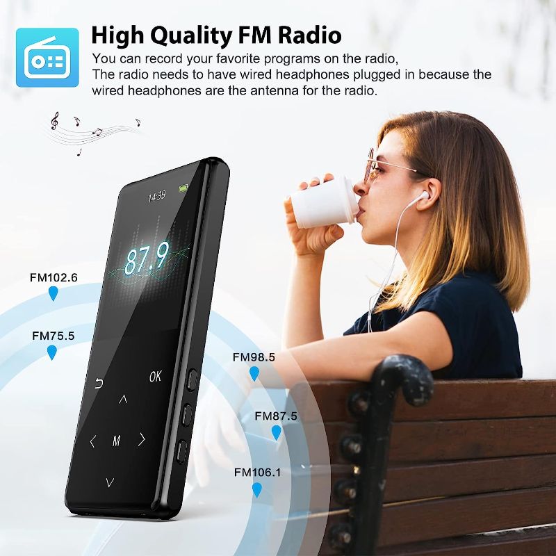Photo 4 of MP3 Player, 64GB MP3 Players with Bluetooth 5.2 Supports Lossless Music to Restore High-Fidelity Sound Quality, with FM, Support Recording, Includes arm Strap and Player Case, Easy to Carry, Black.
