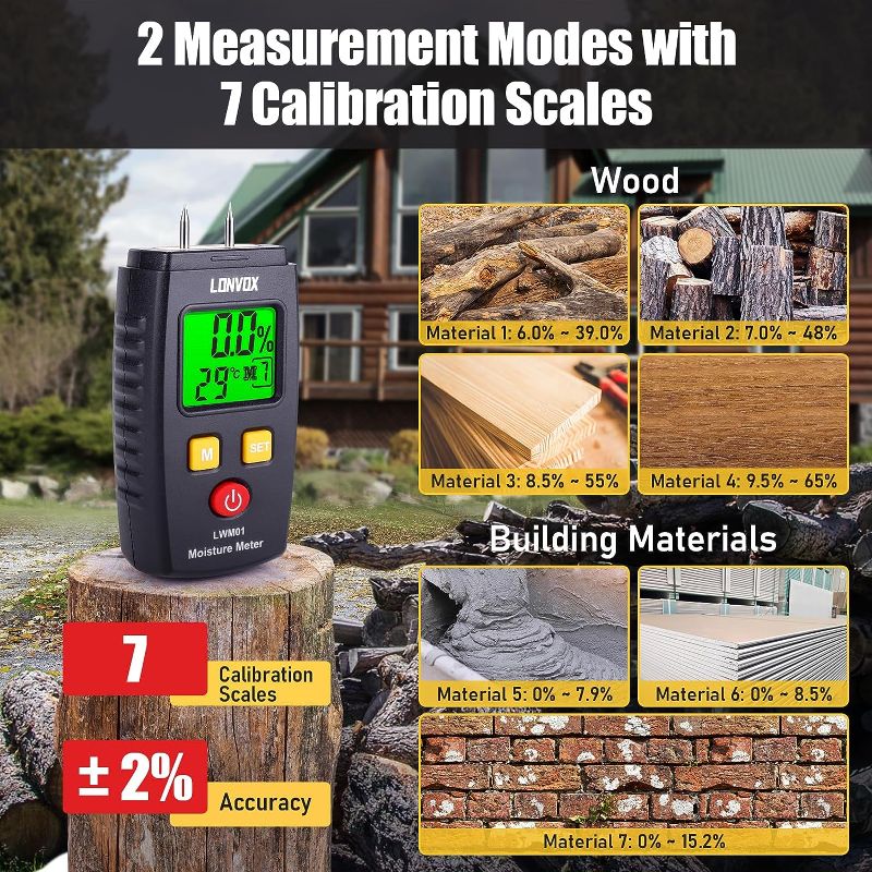 Photo 2 of Wood Moisture Meter, LONVOX Pin-type Digital Moisture Detector with Backlit LCD Display, Water Leak Detector with 7 Modes, Handheld Moisture Meter for Lumber, Firewood, Drywall, Walls, Woodworking
