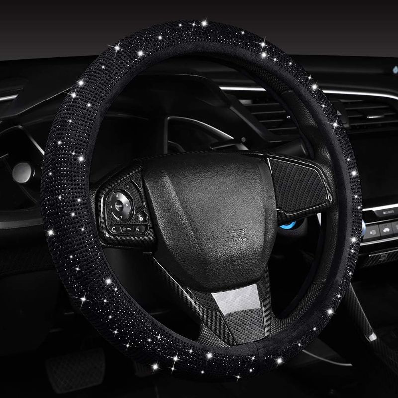 Photo 1 of joleully Women Fashion Black Velvet Bling Steering Wheel Cover with Black Diamonds, 15 inch Standard Glitter Rhinestone Car Wheel Cover Sparkling, Full Covered
