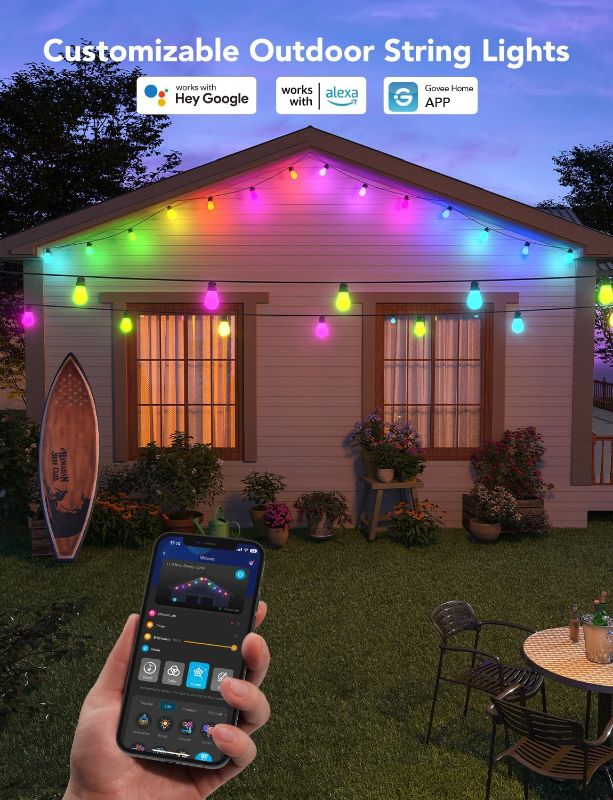 Photo 3 of Govee Outdoor String Lights H7021, 96ft RGBIC Halloween Lights Outdoor with 30 Dimmable IP65 Waterproof Warm White LED Bulbs, 2 Ropes of 48ft Outdoor String Lights Work with Alexa for Decoration
