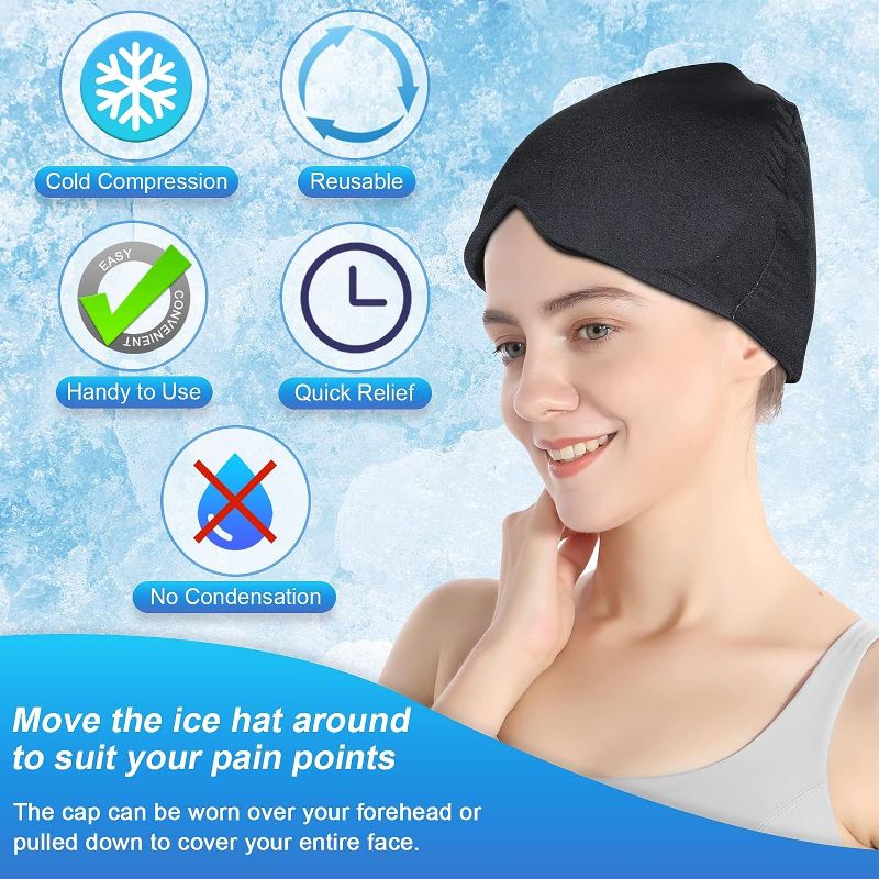 Photo 2 of Migraine Ice Head Wrap, Headache Relief Hat for Tension Puffy Eyes Migraine Relief Cap for Sinus Headache and Stress Relief Cold Compress (Medium Black)
