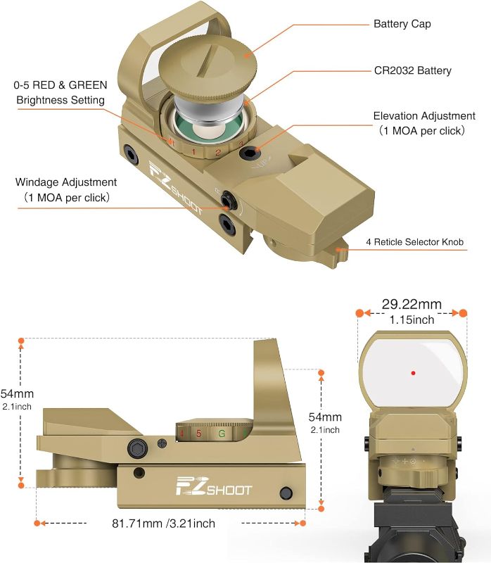 Photo 4 of EZshoot Red Green Dot Gun Sight Scope Reflex Sight, 4 Adjustable Reticles Holographic Optic with 20mm Rail Mount
