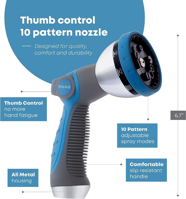 Photo 2 of INNAV8 Garden Hose Nozzle Sprayer Heavy Duty - FEATURES THUMB CONTROL with 10 Water Patterns - High Pressure Water Hose Nozzle for Hose Outdoor - Perfect Garden Hose Sprayer Nozzle for Watering Plants
